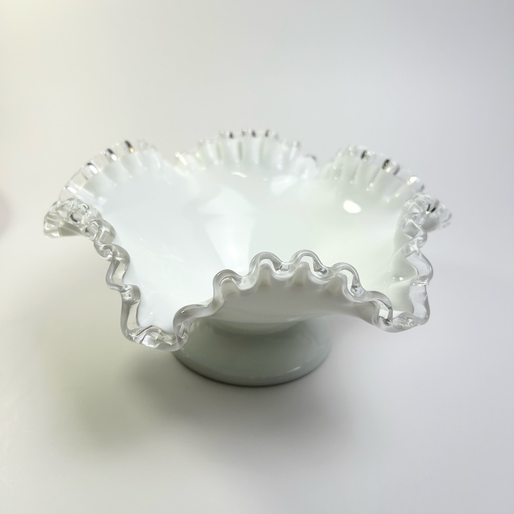 Fenton Vintage Ruffled Silver Crest Milk Glass Footed Compote